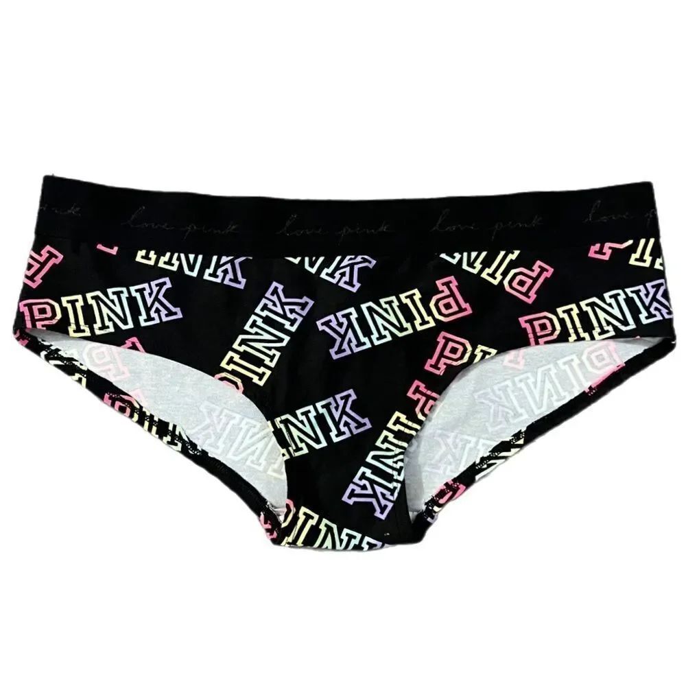 Victorias Secret Pink Soft Cotton Hipster panty Pink Logo all over Black XLarge